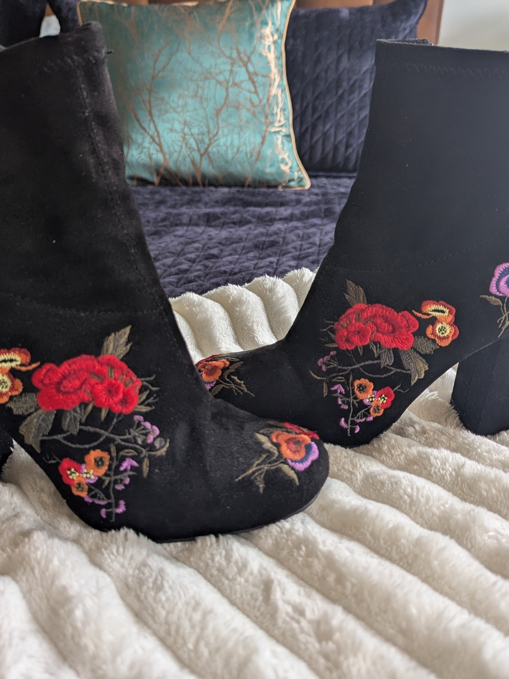 MIA Black Suede Embroidered Floral Ankle Boots